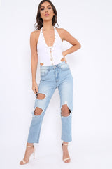White Lace Up Front And Cut Out Side Bodysuit - Jaslin-Bodysuits