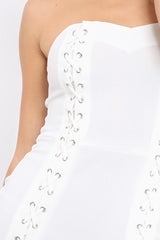 White Lace Up Front Bandeau Mini Dress - Lily-Dresses