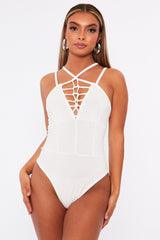 White Lace Up Front Bodysuit - Gea-Bodysuits