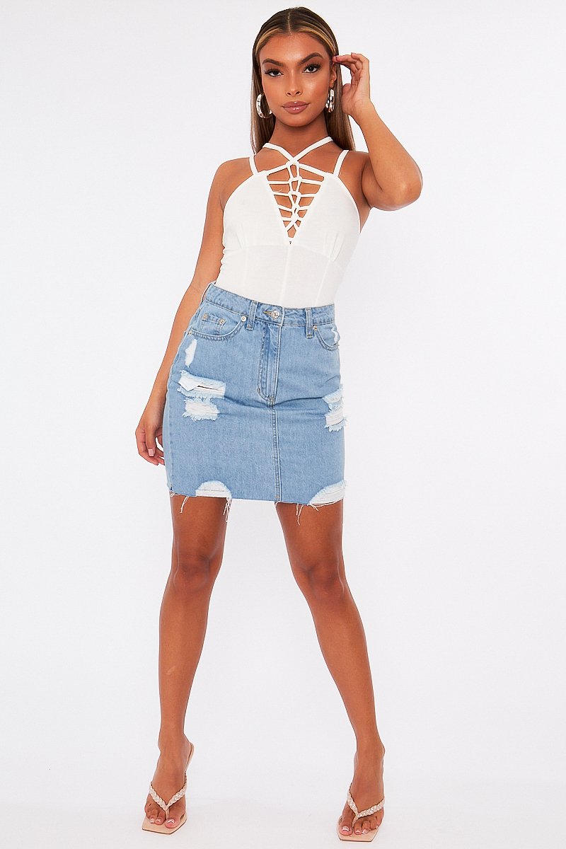 White Lace Up Front Bodysuit - Gea-Bodysuits