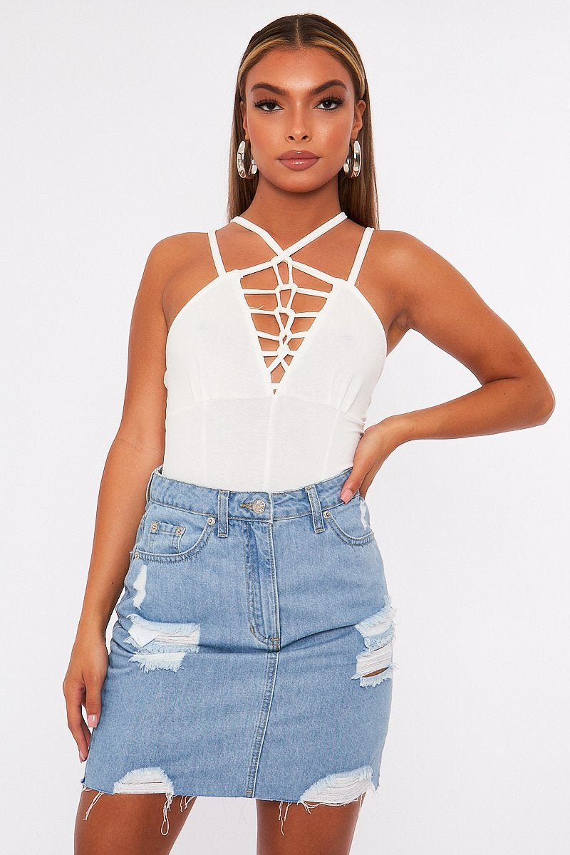 White Lace Up Front Bodysuit - Gea-Bodysuits