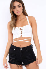 White Lace Up Front Crop Top - Lacey-Tops