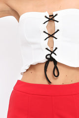 White Lace Up Front Frill Bandeau Crop Top - Cyndi-Crop Tops
