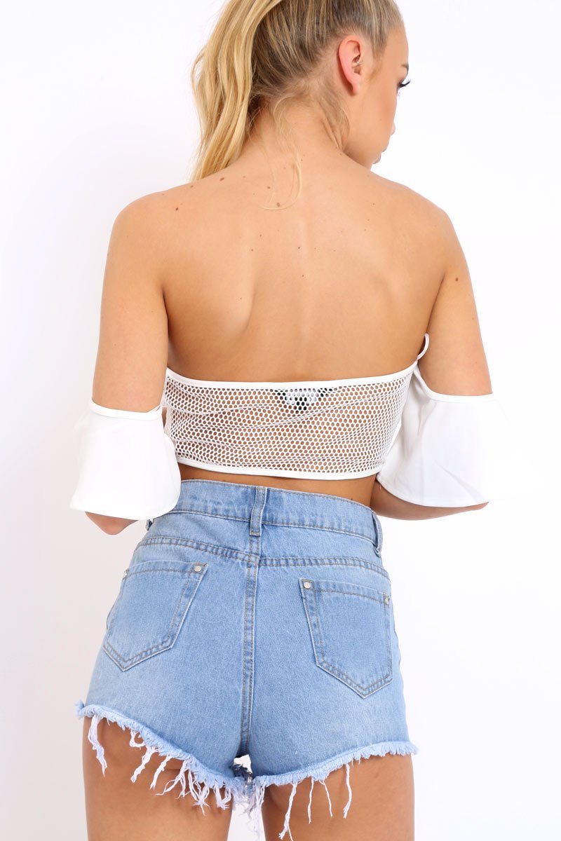 White Lace Up Front Mesh Gypsy Top - Shari-Crop Tops