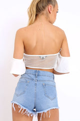 White Lace Up Front Mesh Gypsy Top - Shari-Crop Tops
