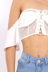 White Lace Up Front Mesh Gypsy Top - Shari-Crop Tops
