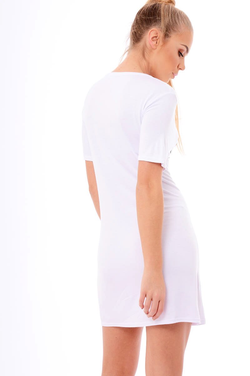 White Lace Up Front T-Shirt Dress - Janel-Dresses