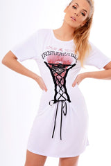 White Lace Up Front T-Shirt Dress - Janel-Dresses
