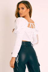White Lace Up Front and Sleeves Milkmaid Crop Top - Zyria-Crop Tops