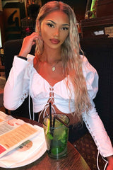 White Lace Up Front and Sleeves Milkmaid Crop Top - Zyria-Crop Tops