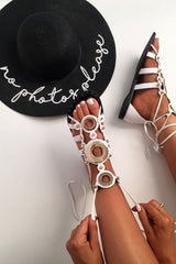 White Lace Up Gold Ring Gladiator Sandals - Belva-Sandals