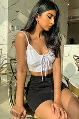 White Lace Up Mesh Detail Plunge Crop Top - Mimi-Crop Tops