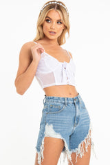 White Lace Up Mesh Detail Plunge Crop Top - Mimi-Crop Tops