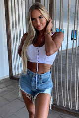 White Lace Up Mesh Detail Plunge Crop Top - Mimi-Crop Tops