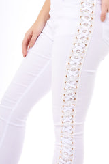 White Lace Up Sides Skinny Denim Jeans - Mallie-Jeans