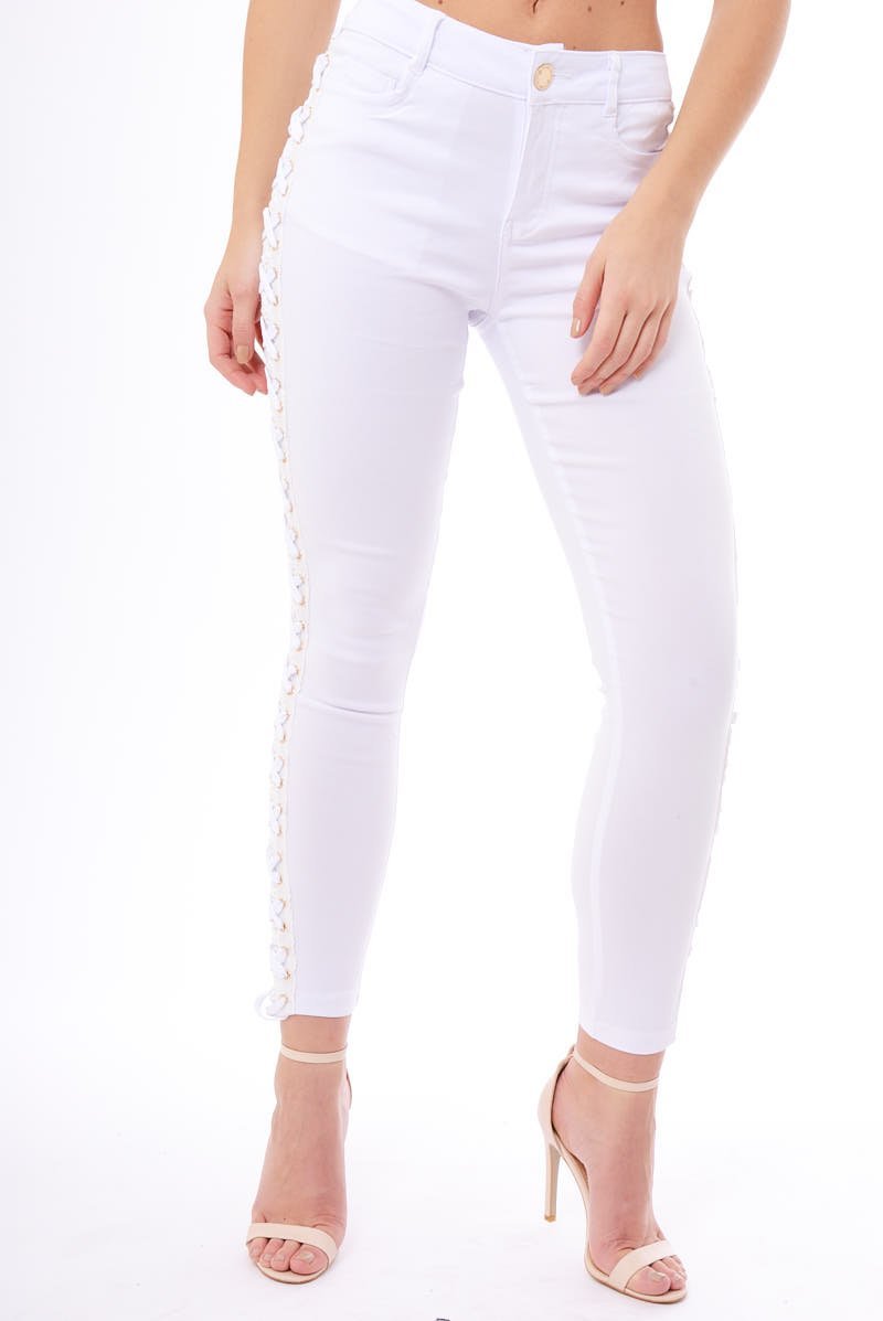 White Lace Up Sides Skinny Denim Jeans - Mallie-Jeans