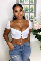 White Lace Up Sweetheart Puff Sleeve Crop Top - Kandis-Crop Tops