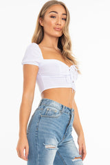White Lace Up Sweetheart Puff Sleeve Crop Top - Kandis-Crop Tops
