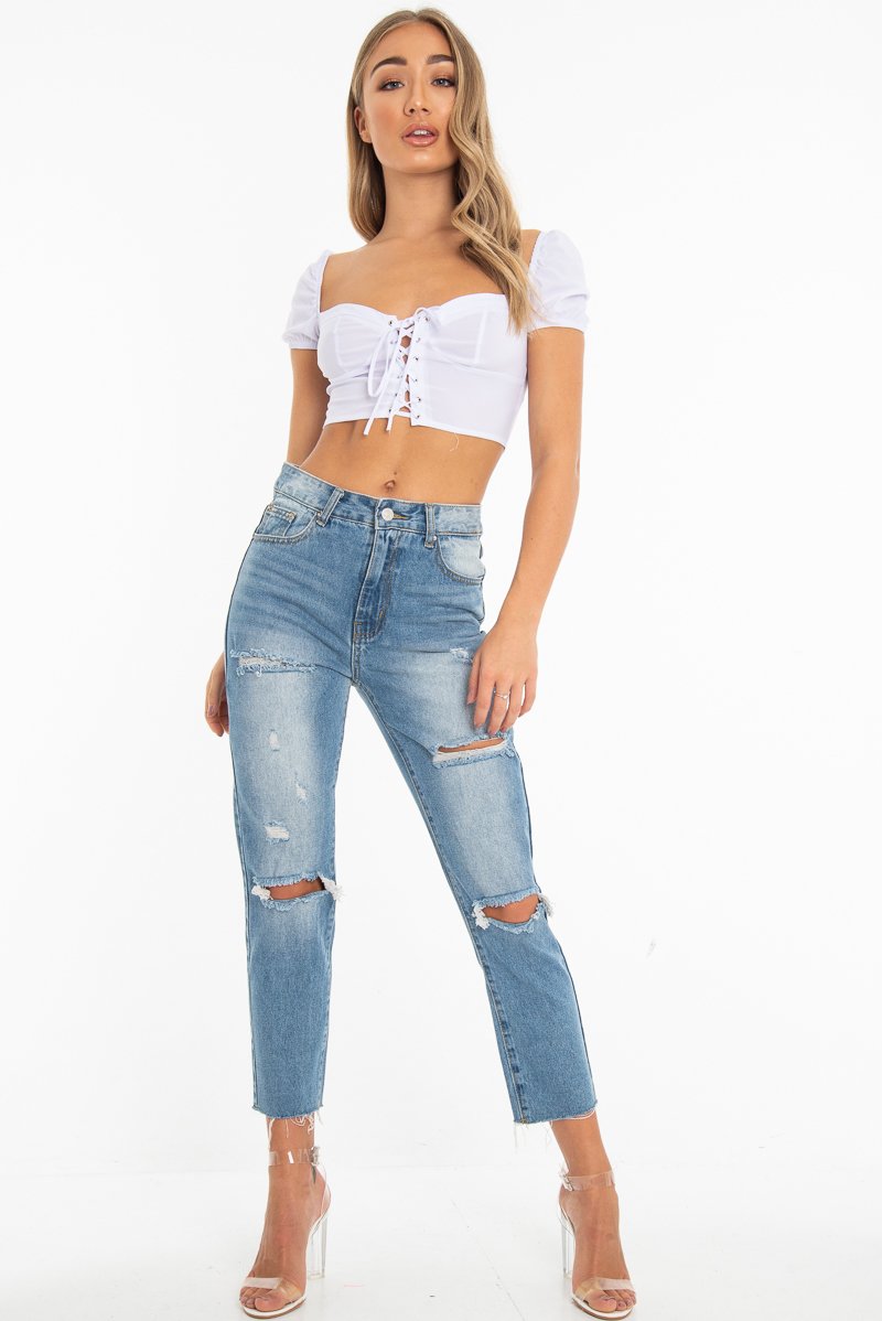 White Lace Up Sweetheart Puff Sleeve Crop Top - Kandis-Crop Tops