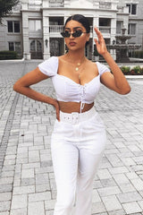 White Lace Up Sweetheart Puff Sleeve Crop Top - Kandis-Crop Tops