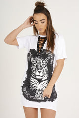 White Lace Up Tiger T-shirt Dress - Mali-Dresses
