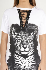 White Lace Up Tiger T-shirt Dress - Mali-Dresses