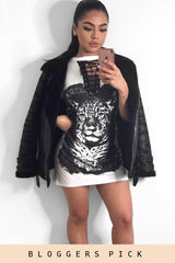 White Lace Up Tiger T-shirt Dress - Mali-Dresses