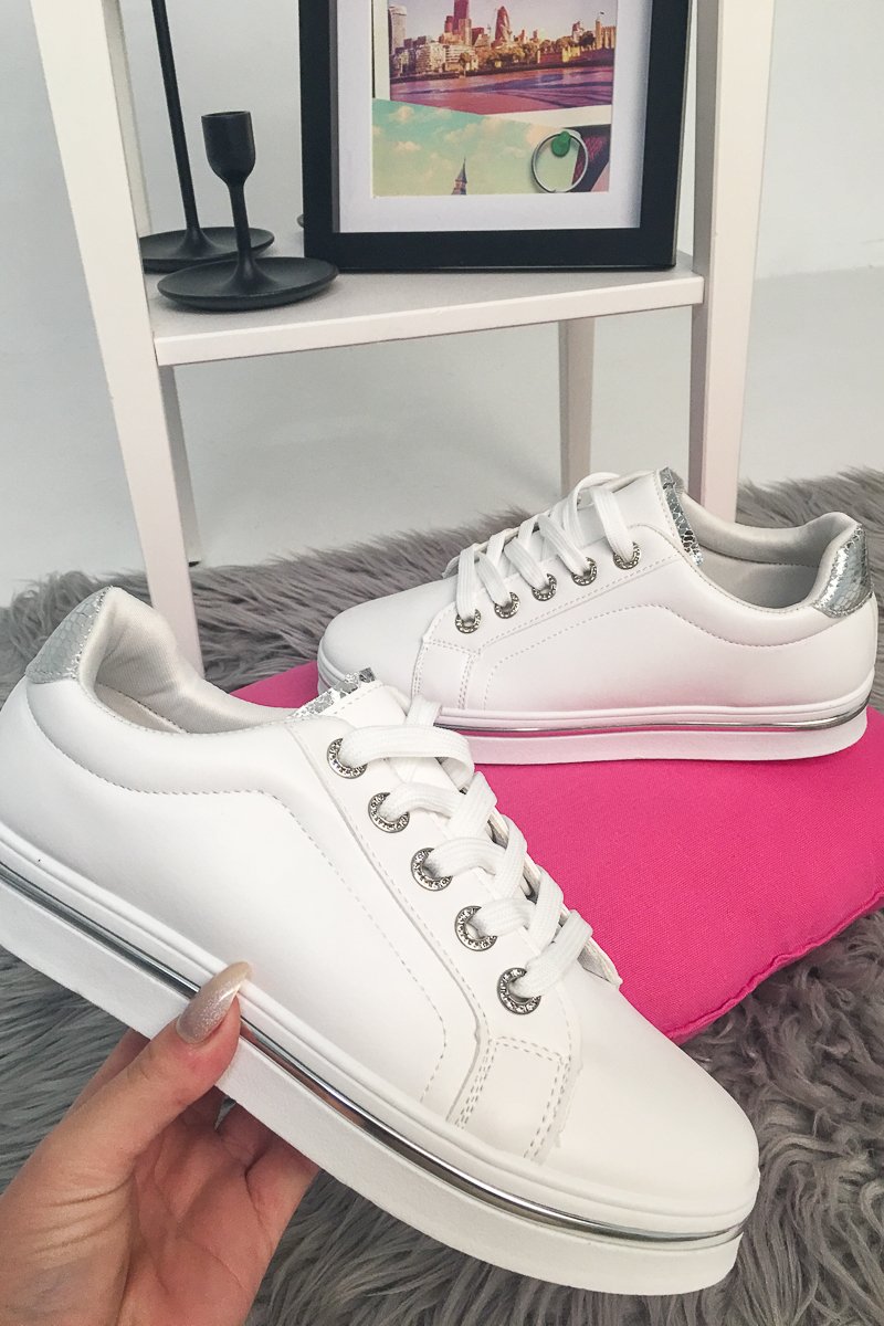 White Lace Up Trainers With Silver Detailing - Sandie-Trainers