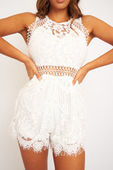 White Lace Zip Back Playsuit - Eaden-Playsuits