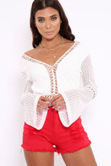 White Lace and Crochet Plunge Front Bodysuit -Tamila-Bodysuits