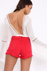 White Lace and Crochet Plunge Front Bodysuit -Tamila-Bodysuits