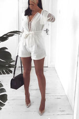 White Lace and Crochet Plunge Front Bodysuit -Tamila-Bodysuits