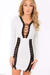White Lace up Front Panel Mini Dress - Kathy-Dresses