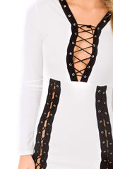 White Lace up Front Panel Mini Dress - Kathy-Dresses