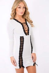 White Lace up Front Panel Mini Dress - Kathy-Dresses