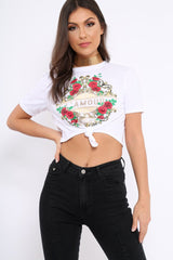 White L'amour Glitter Floral Slogan T-shirt - Jaynee-Tops