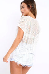 White Laser Cut Top with Crew neck and Dip Hem - Keelani-Tops