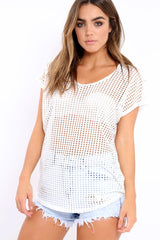 White Laser Cut Top with Crew neck and Dip Hem - Keelani-Tops