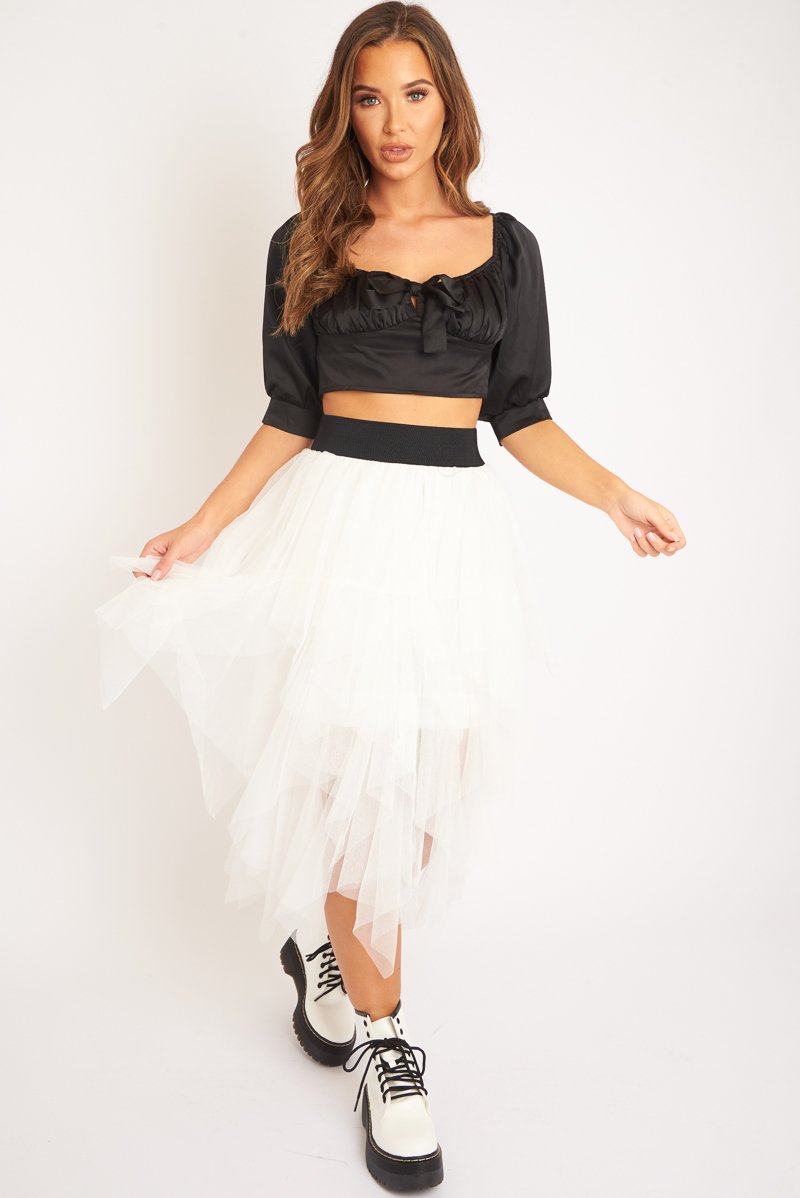 White Layered Tulle Midi Skirt - Laveta-Skirts