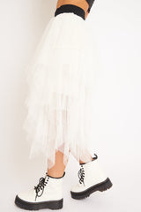 White Layered Tulle Midi Skirt - Laveta-Skirts