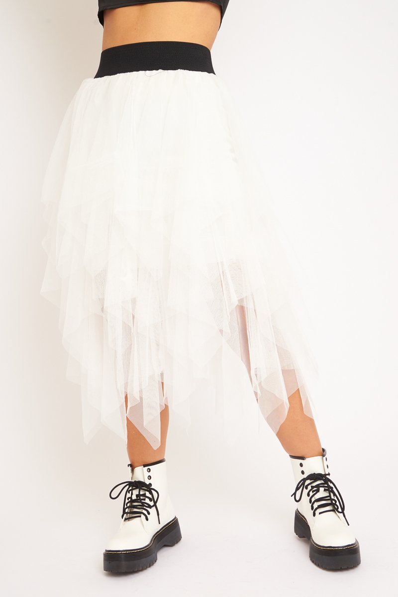 White Layered Tulle Midi Skirt - Laveta-Skirts