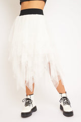 White Layered Tulle Midi Skirt - Laveta-Skirts