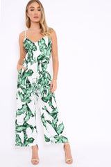 White Leaf Print Awkward Length Jumpsuit - Tallia-Jumpsuits
