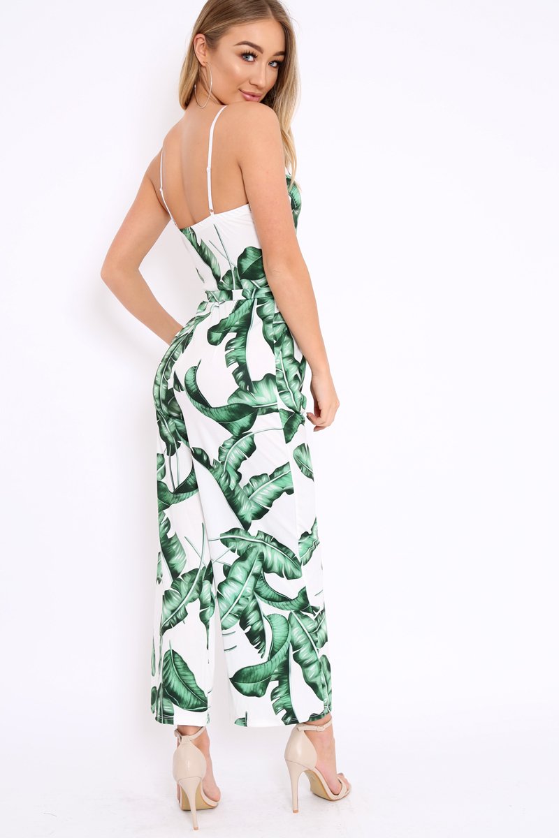 White Leaf Print Awkward Length Jumpsuit - Tallia-Jumpsuits