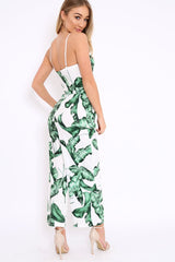 White Leaf Print Awkward Length Jumpsuit - Tallia-Jumpsuits