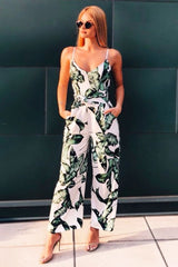 White Leaf Print Awkward Length Jumpsuit - Tallia-Jumpsuits