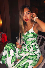 White Leaf Print Awkward Length Jumpsuit - Tallia-Jumpsuits