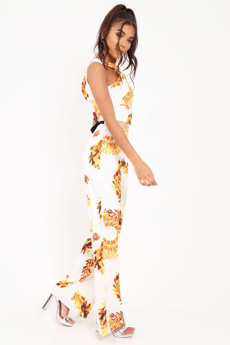 White Leaf Print Twist Front Belted Jumpsuit - Rainn-Jumpsuits