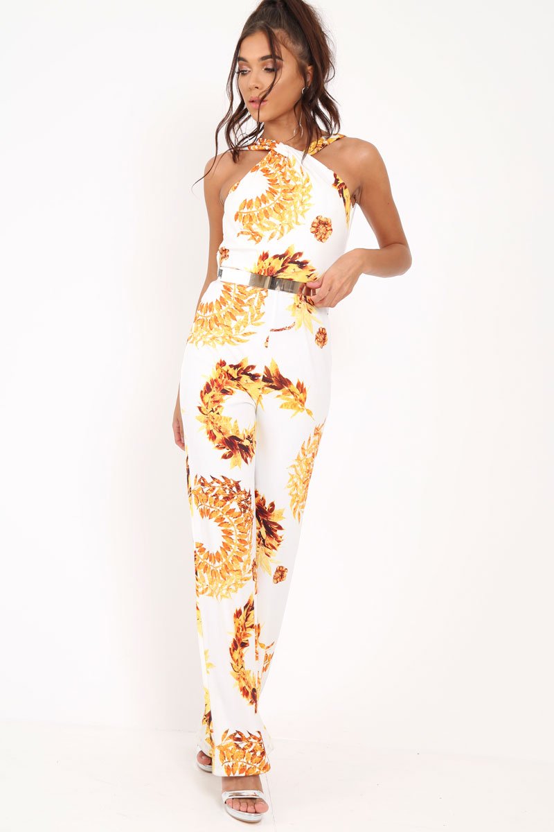 White Leaf Print Twist Front Belted Jumpsuit - Rainn-Jumpsuits