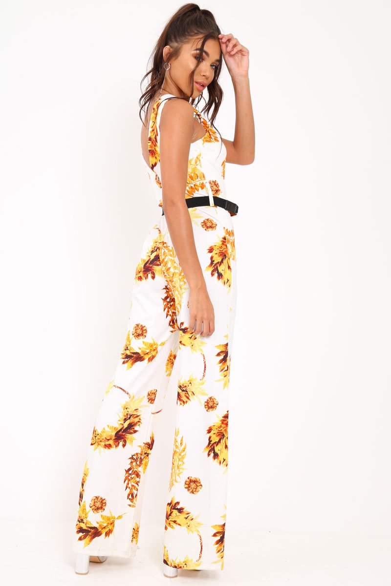 White Leaf Print Twist Front Belted Jumpsuit - Rainn-Jumpsuits
